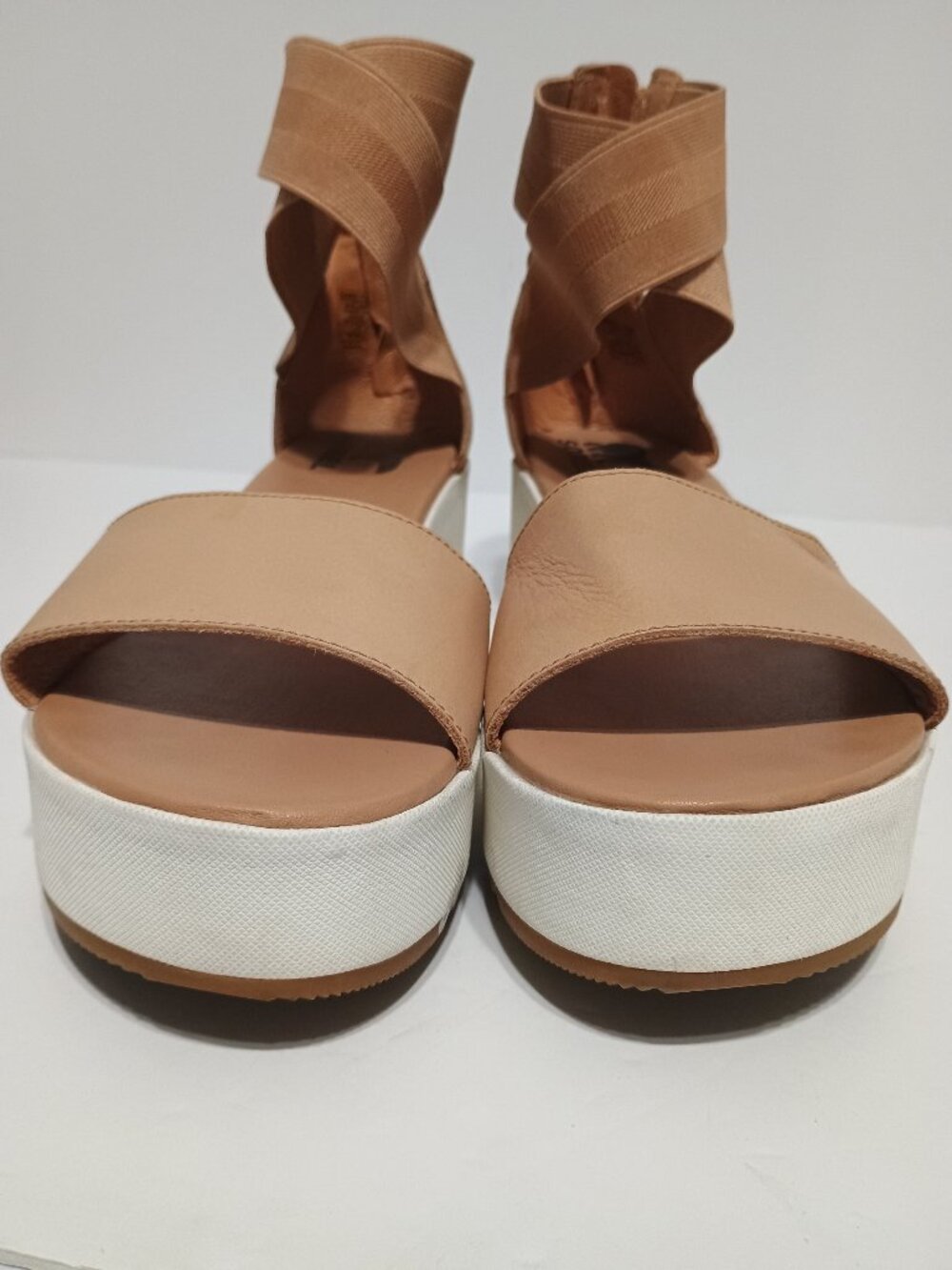 Sorel Cameron Platform Wedge Sandals Women's Tan Leather Criss Cross Elastic - Picture 5 of 7